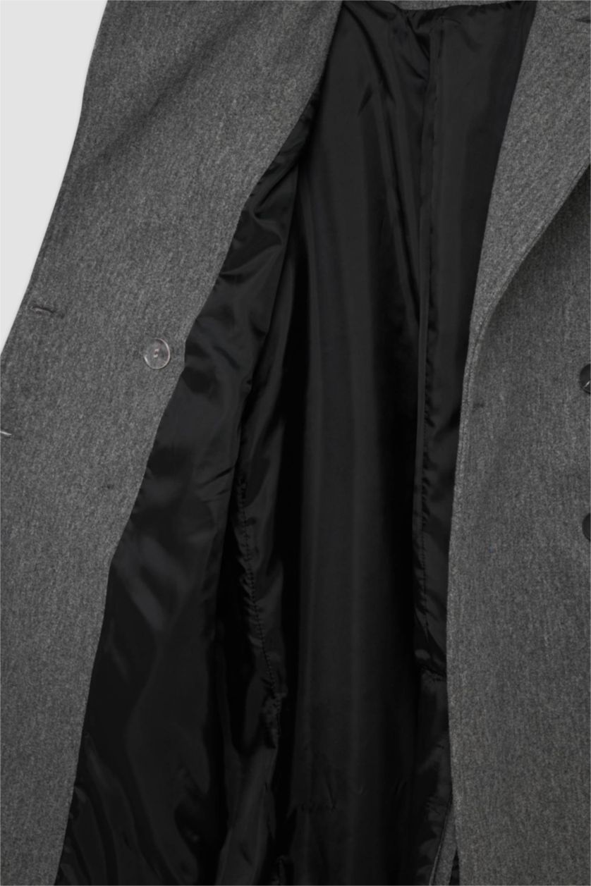 Kadın Antrasit Oversize Geniş Kalıp Kruvaze Yaka Düğme Kapamalı Cepli Uzun Kaşe Kaban