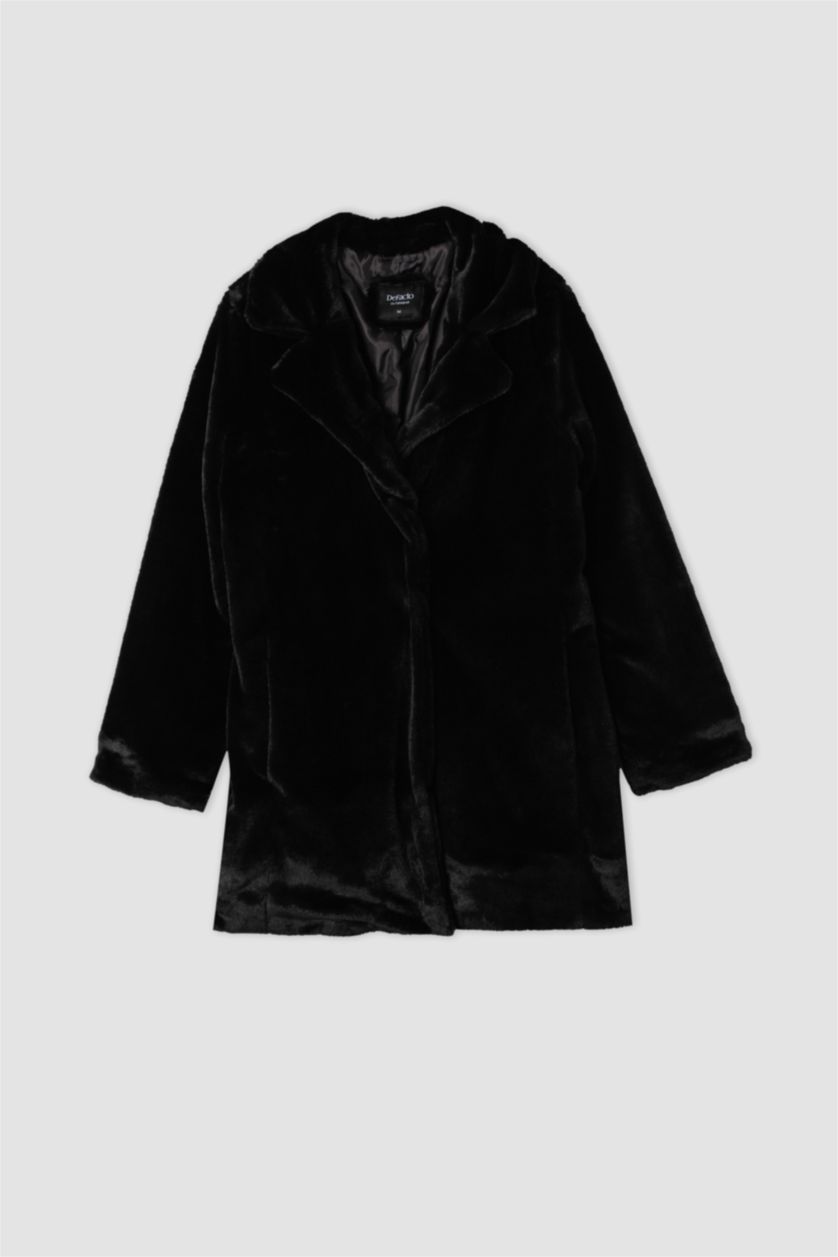 Kadın Siyah Relax Fit Kruvaze Yaka Basic Düz Suni Kürk Mont