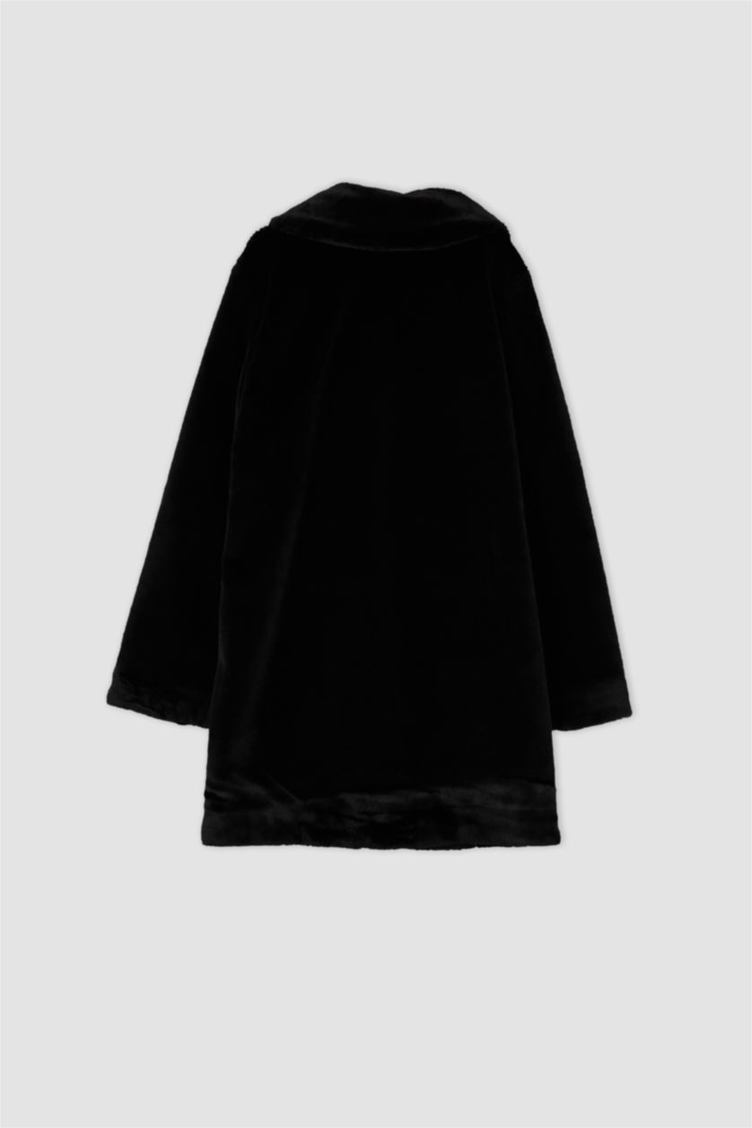 Kadın Siyah Relax Fit Kruvaze Yaka Basic Düz Suni Kürk Mont