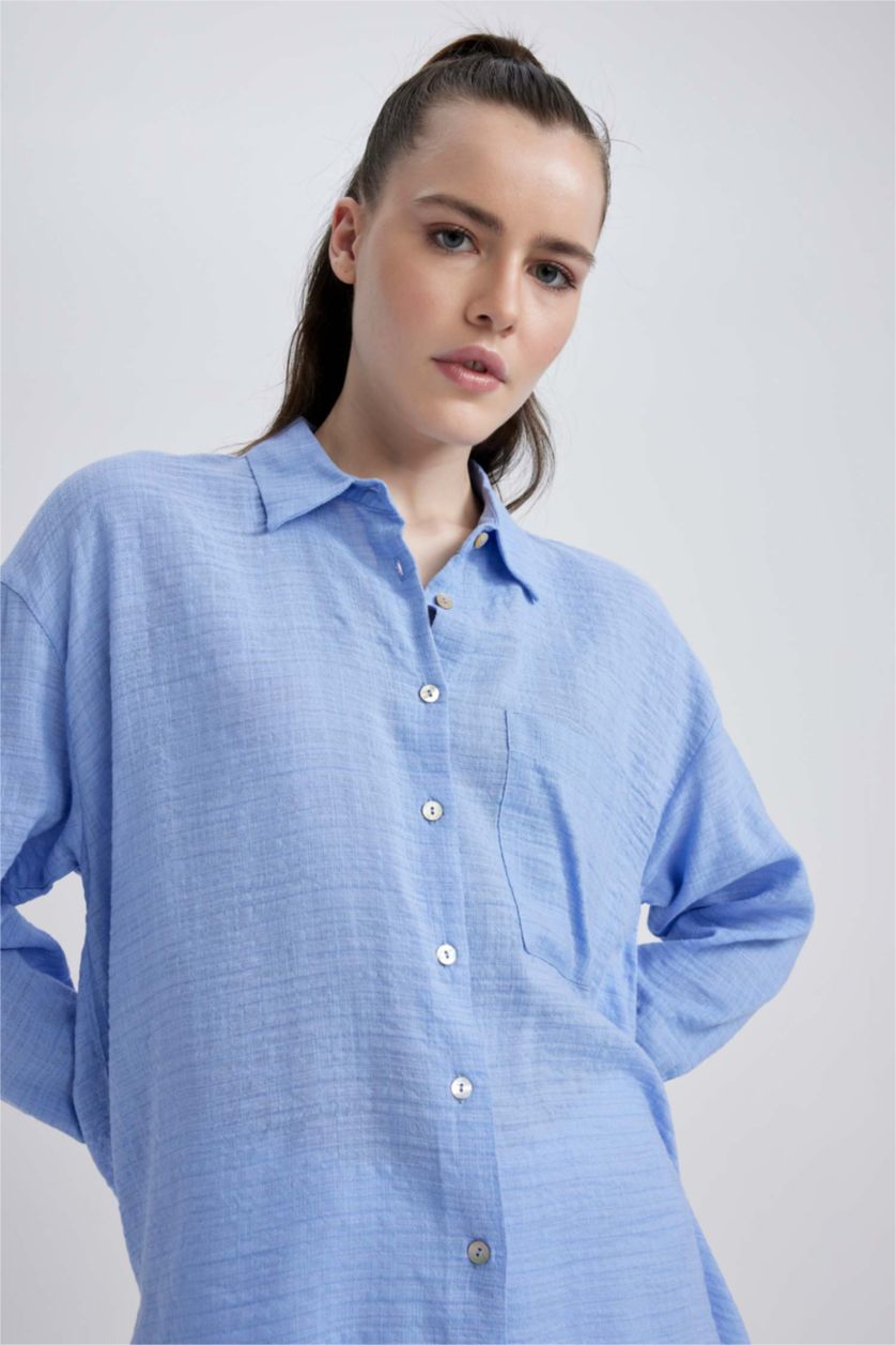 WOMAN Blue Oversize Fit Shirt Collar Linen Look Long Sleeve Shirt