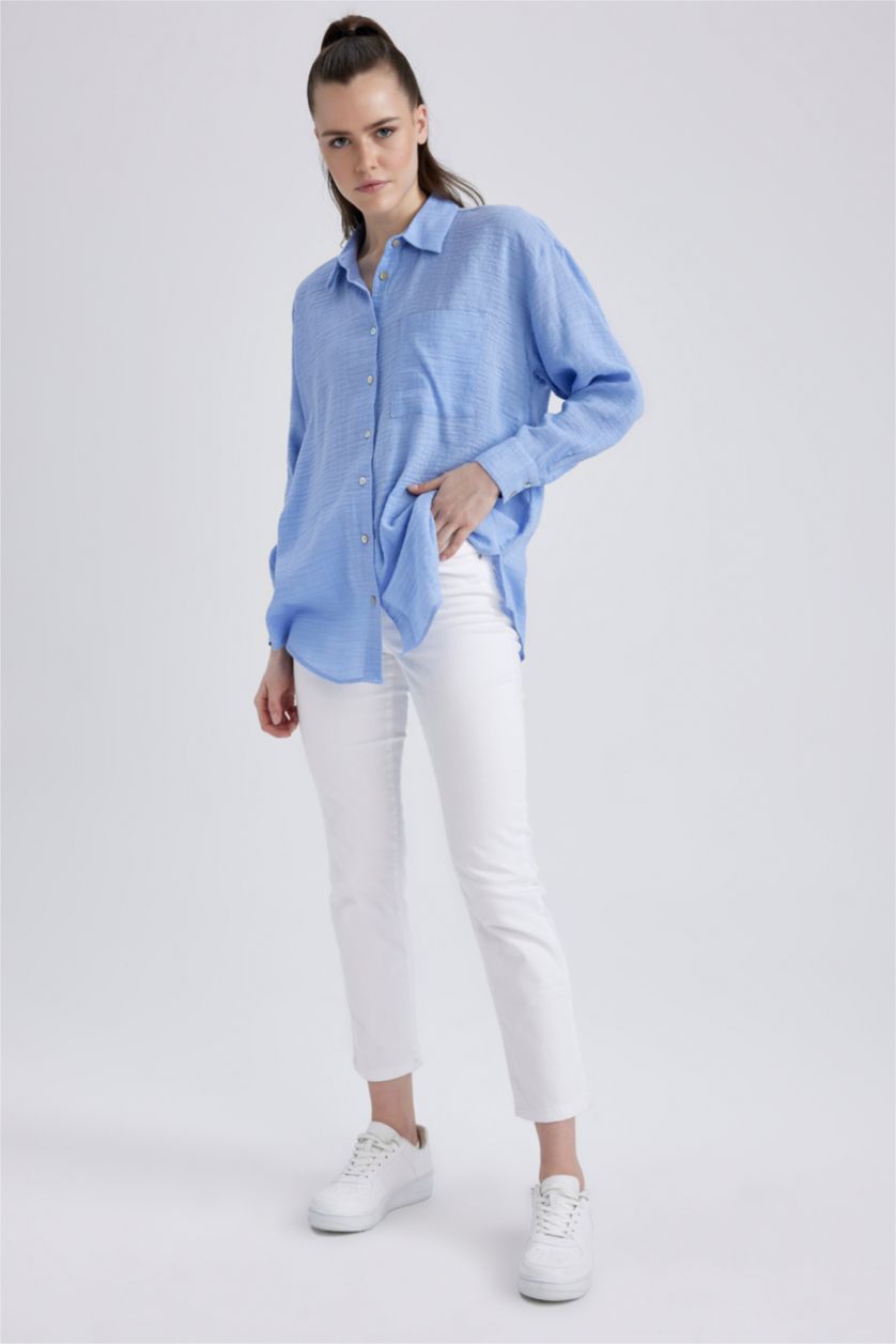 WOMAN Blue Oversize Fit Shirt Collar Linen Look Long Sleeve Shirt