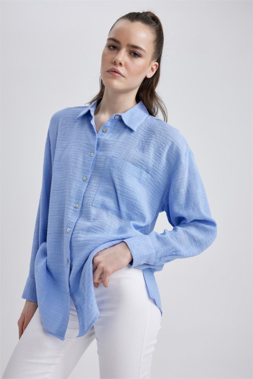WOMAN Blue Oversize Fit Shirt Collar Linen Look Long Sleeve Shirt