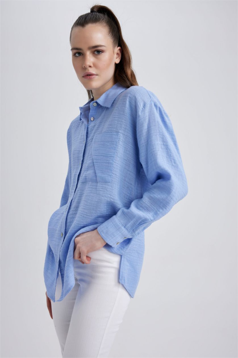 WOMAN Blue Oversize Fit Shirt Collar Linen Look Long Sleeve Shirt