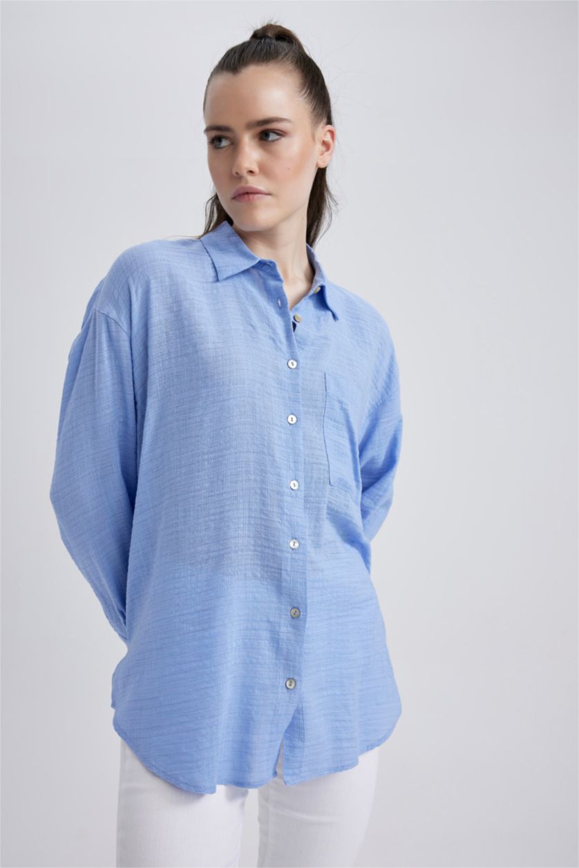 WOMAN Blue Oversize Fit Shirt Collar Linen Look Long Sleeve Shirt