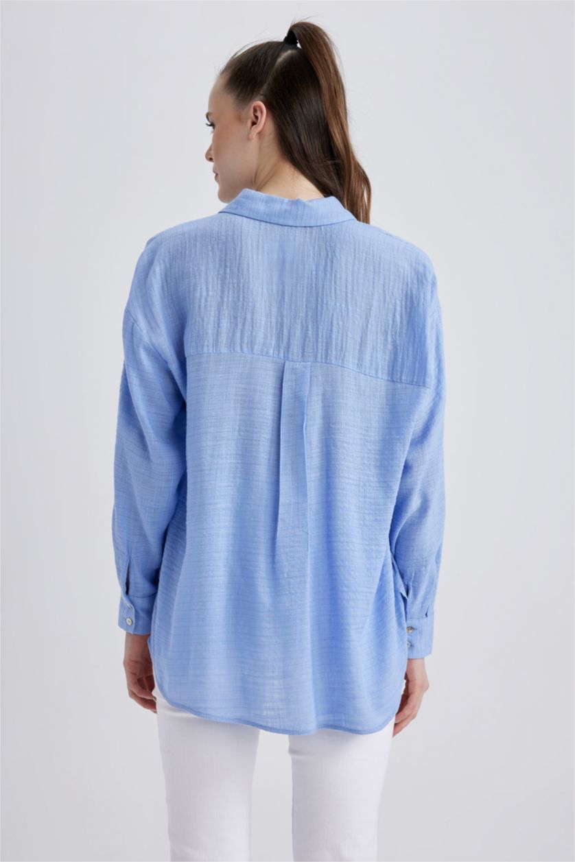 WOMAN Blue Oversize Fit Shirt Collar Linen Look Long Sleeve Shirt