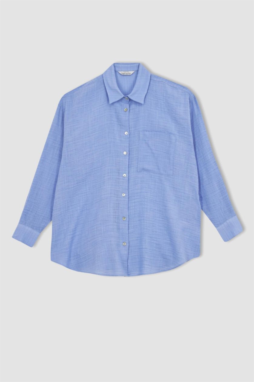 WOMAN Blue Oversize Fit Shirt Collar Linen Look Long Sleeve Shirt