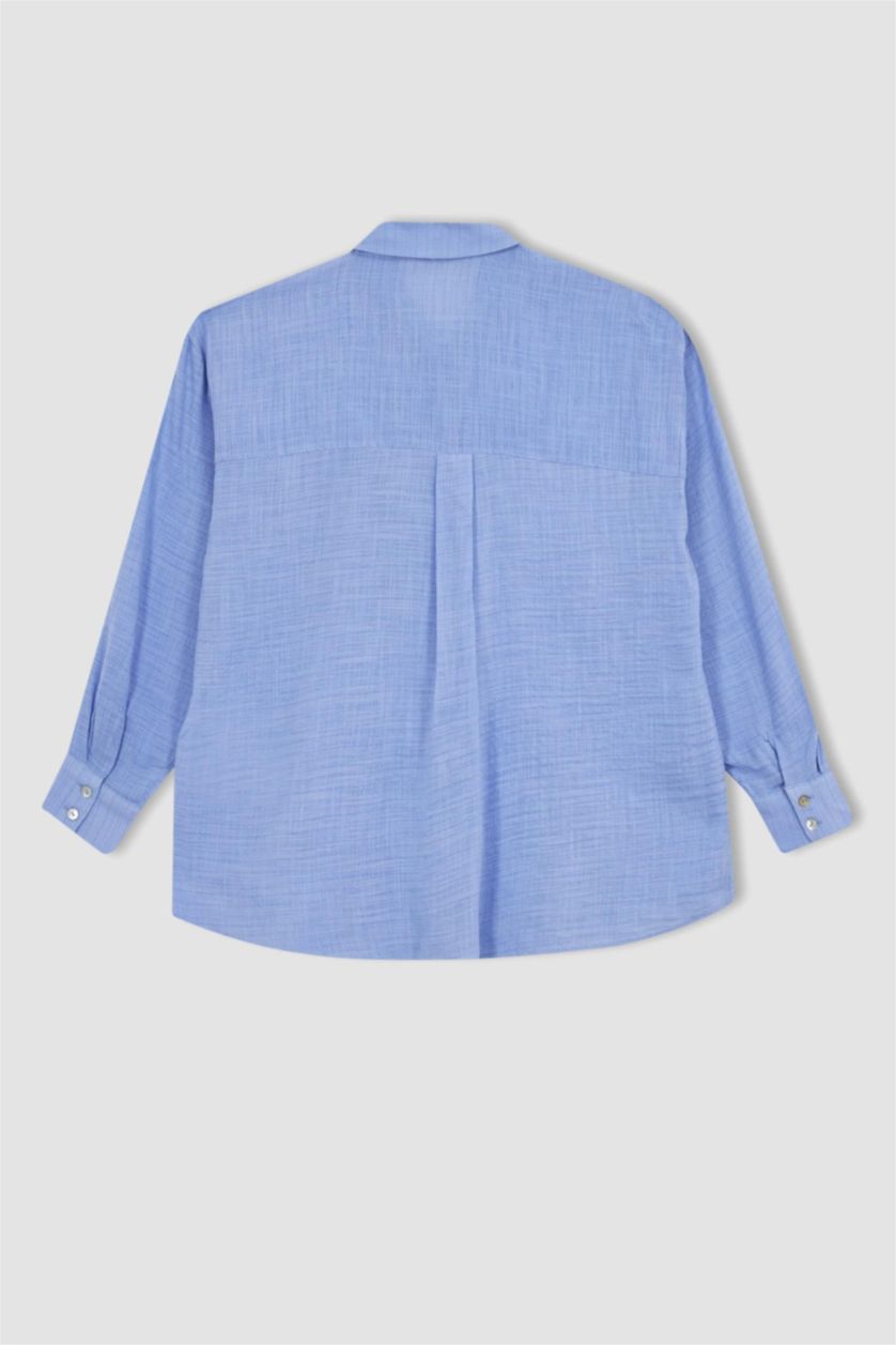 WOMAN Blue Oversize Fit Shirt Collar Linen Look Long Sleeve Shirt