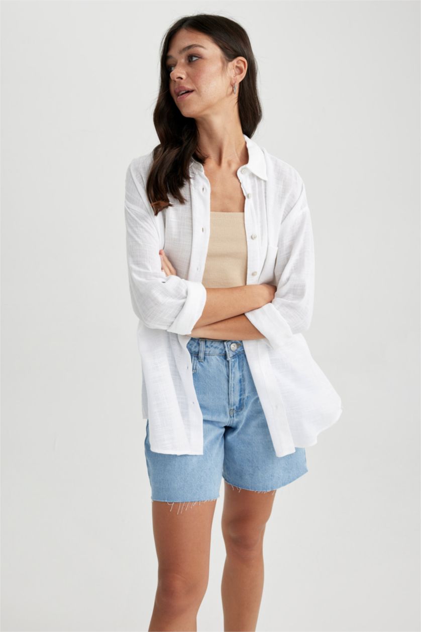 WOMAN White Oversize Fit Linen Look Long Sleeve Shirt