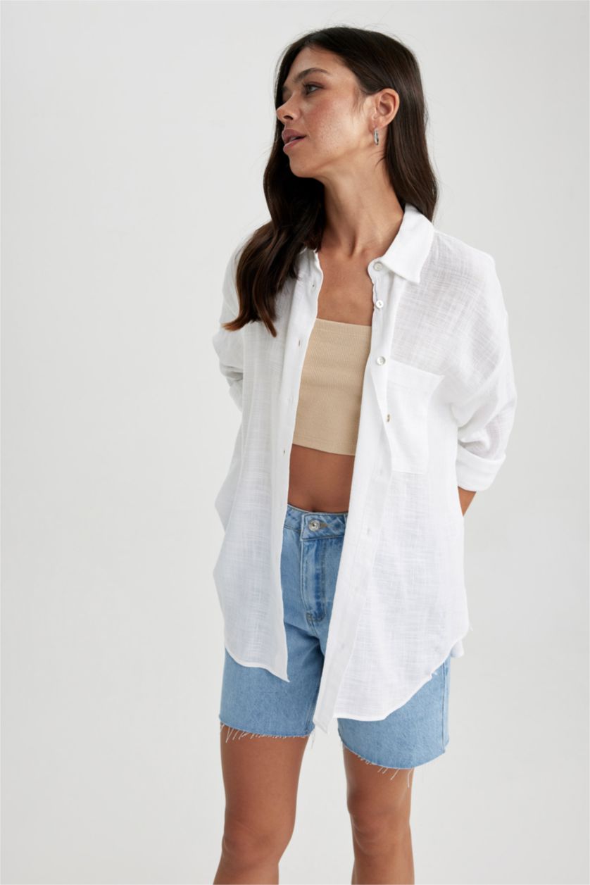 WOMAN White Oversize Fit Linen Look Long Sleeve Shirt