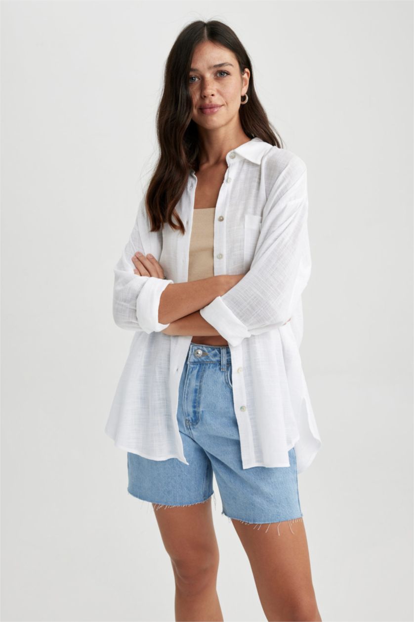 WOMAN White Oversize Fit Linen Look Long Sleeve Shirt