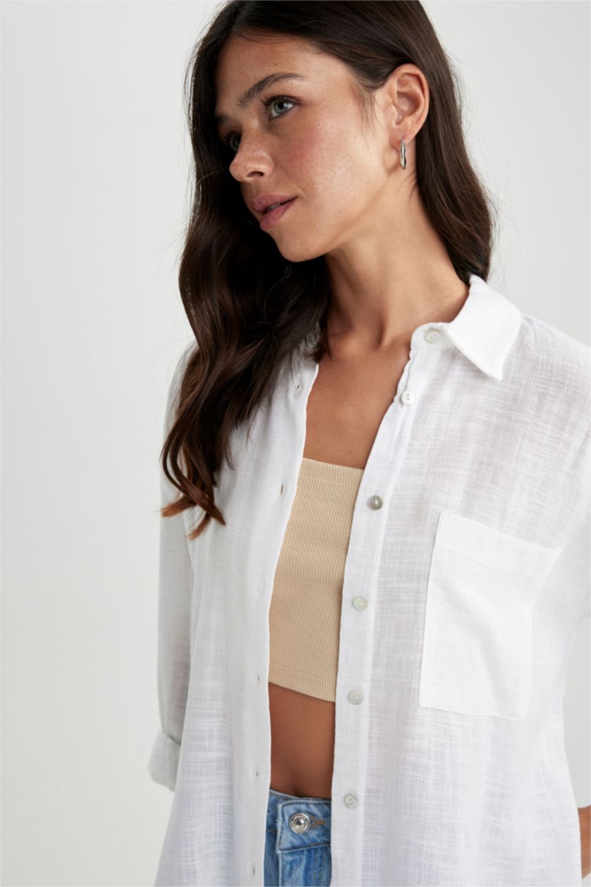 WOMAN White Oversize Fit Linen Look Long Sleeve Shirt