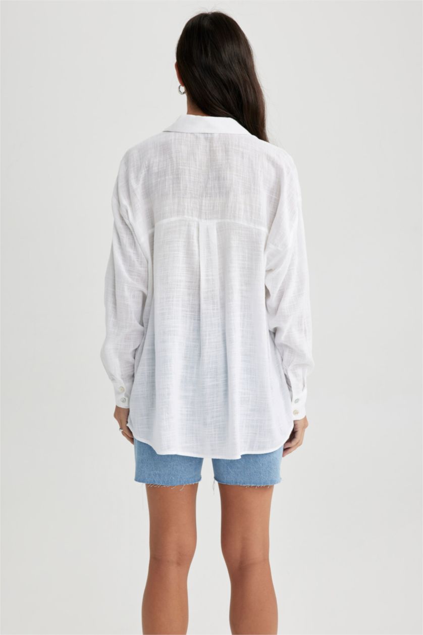 WOMAN White Oversize Fit Linen Look Long Sleeve Shirt