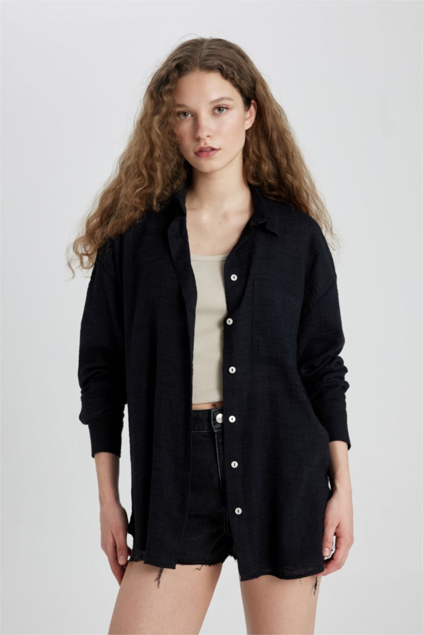 WOMAN Black Oversize Fit Shirt Collar Linen Look Long Sleeve Shirt