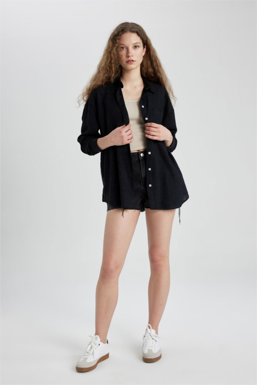WOMAN Black Oversize Fit Shirt Collar Linen Look Long Sleeve Shirt