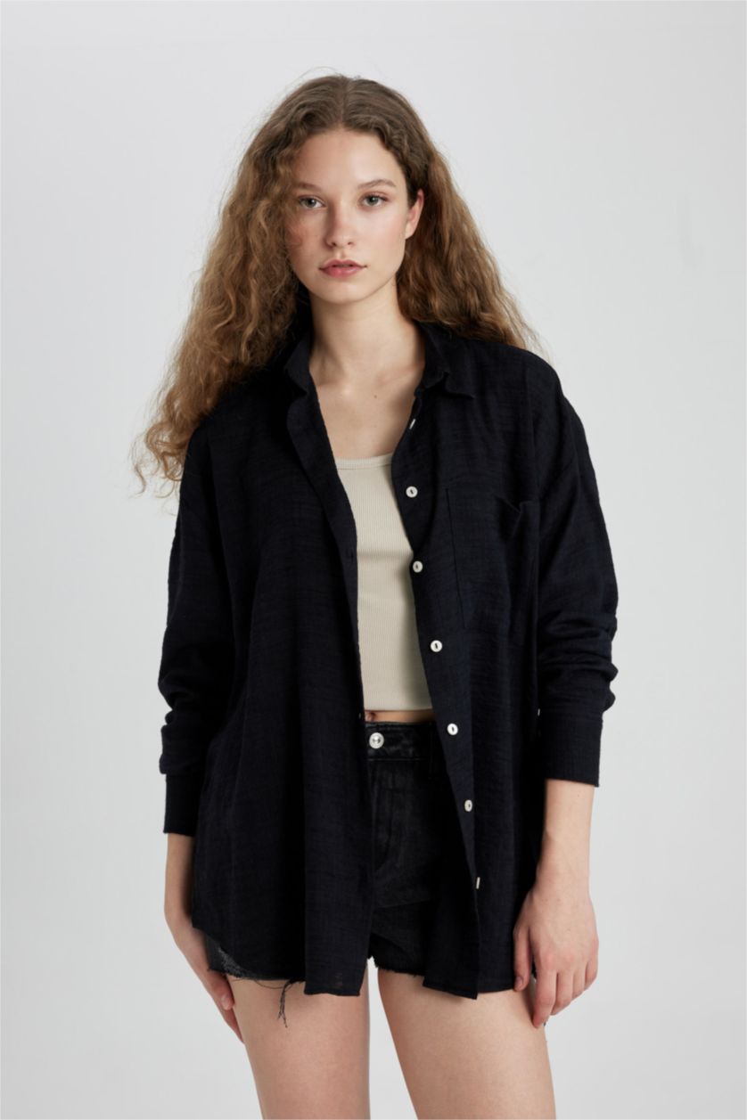 WOMAN Black Oversize Fit Shirt Collar Linen Look Long Sleeve Shirt