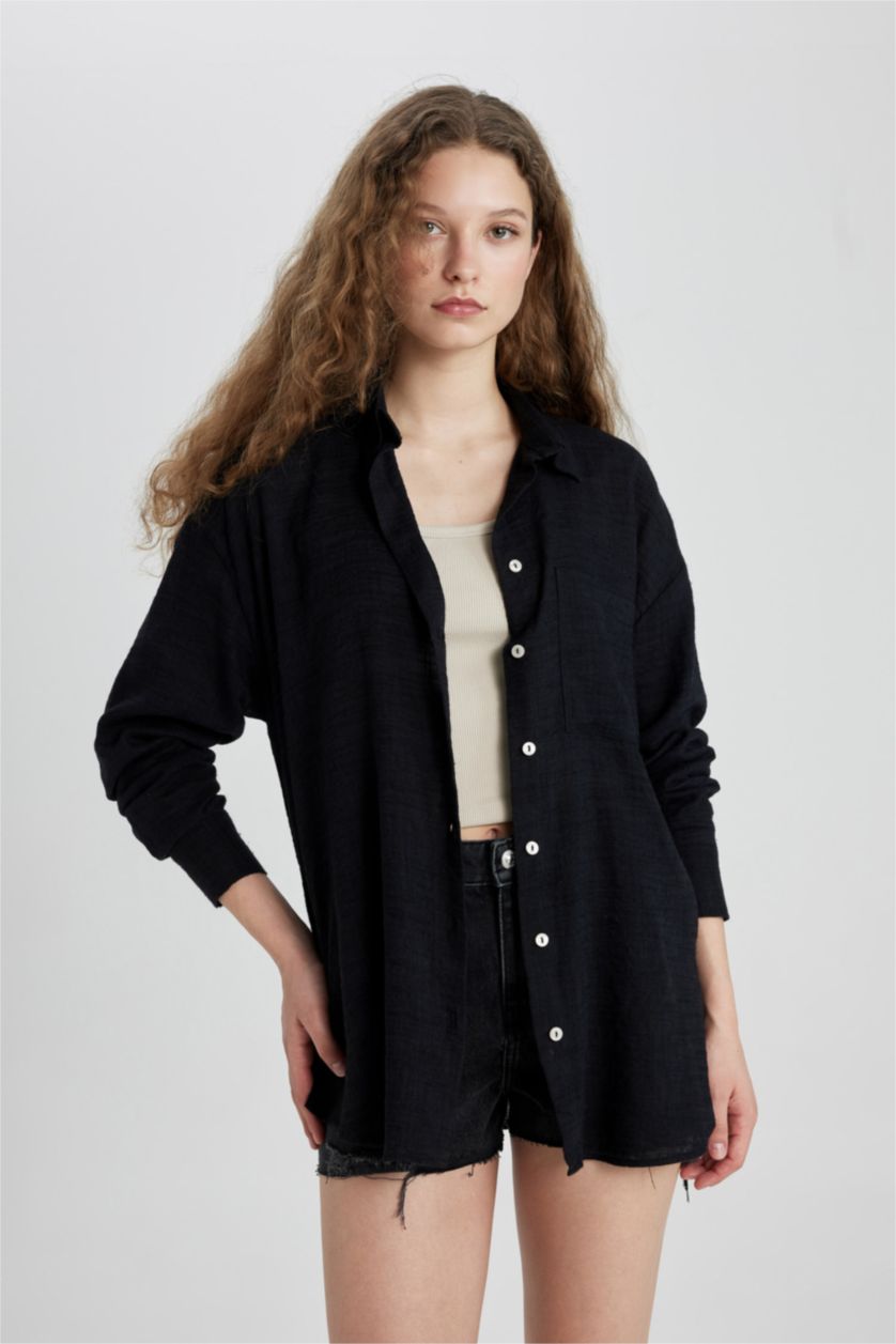 WOMAN Black Oversize Fit Shirt Collar Linen Look Long Sleeve Shirt