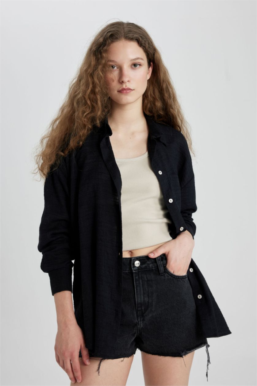 WOMAN Black Oversize Fit Shirt Collar Linen Look Long Sleeve Shirt