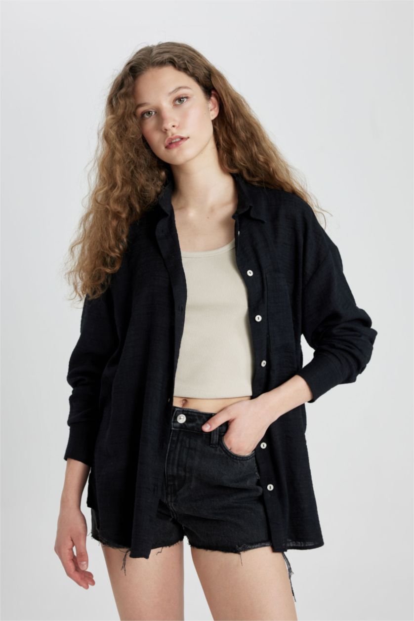 WOMAN Black Oversize Fit Shirt Collar Linen Look Long Sleeve Shirt