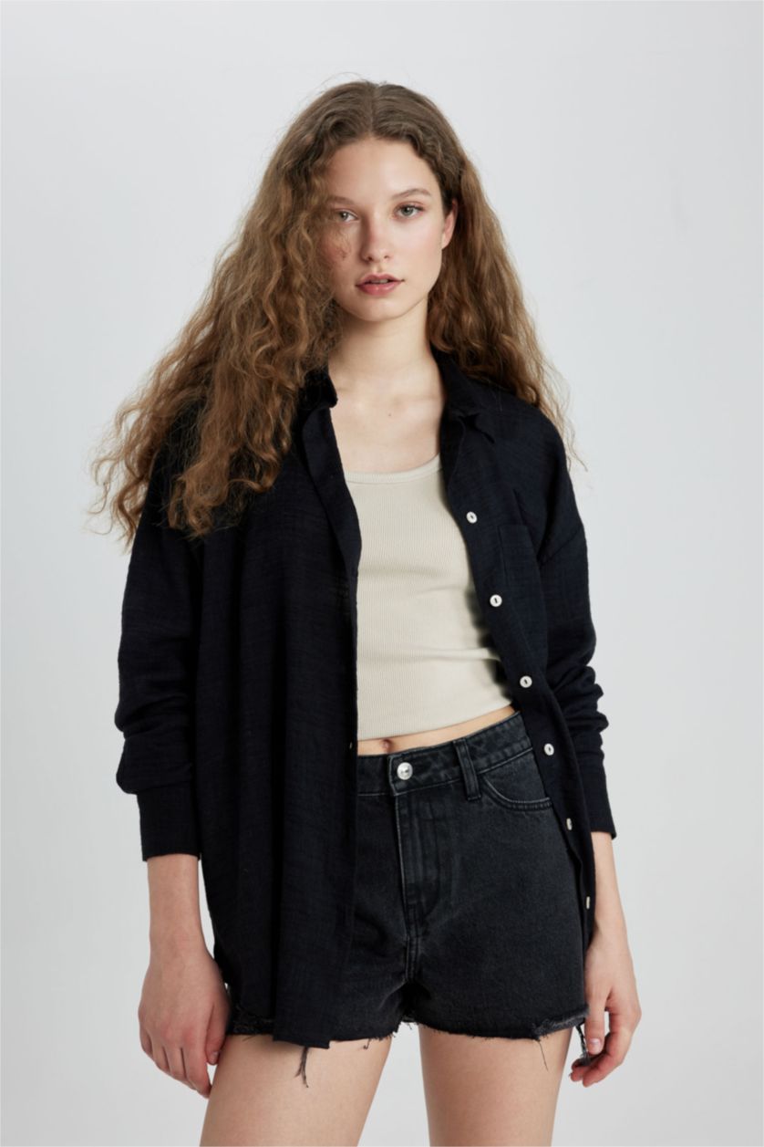 WOMAN Black Oversize Fit Shirt Collar Linen Look Long Sleeve Shirt