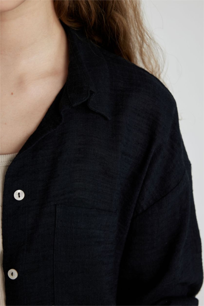 WOMAN Black Oversize Fit Shirt Collar Linen Look Long Sleeve Shirt