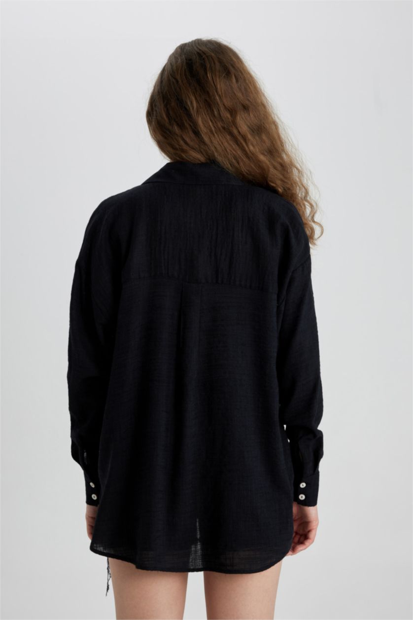 WOMAN Black Oversize Fit Shirt Collar Linen Look Long Sleeve Shirt