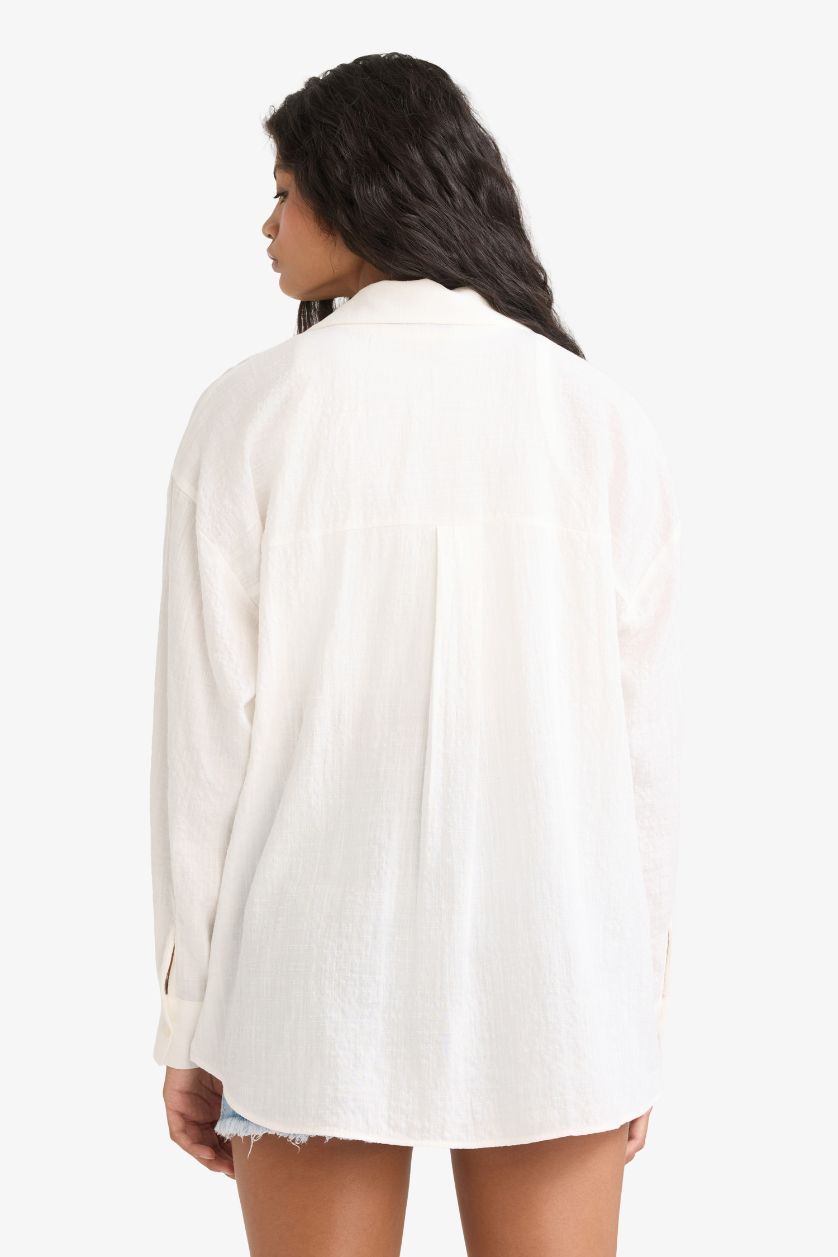 Kadın Kırık Beyaz Oversize Geniş Kalıp Müslin Uzun Kollu Gömlek