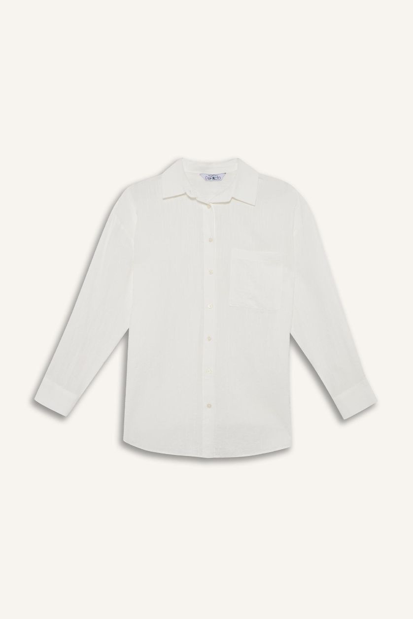 Kadın Kırık Beyaz Oversize Geniş Kalıp Müslin Uzun Kollu Gömlek
