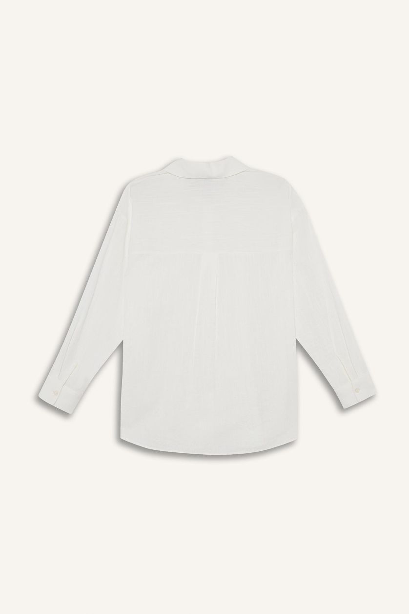 Kadın Kırık Beyaz Oversize Geniş Kalıp Müslin Uzun Kollu Gömlek