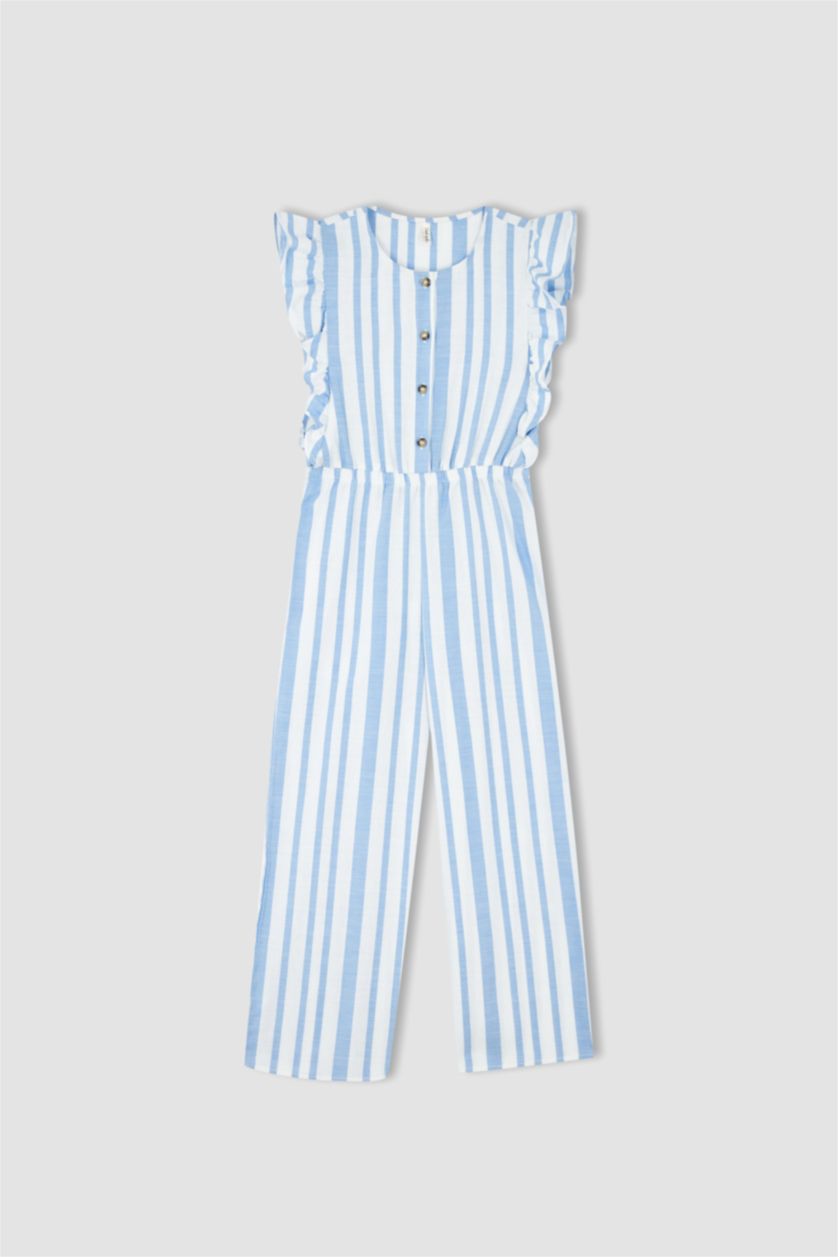 FILLES Bleu Combinaison longue en popeline de coton rayée à manches courtes pour fille