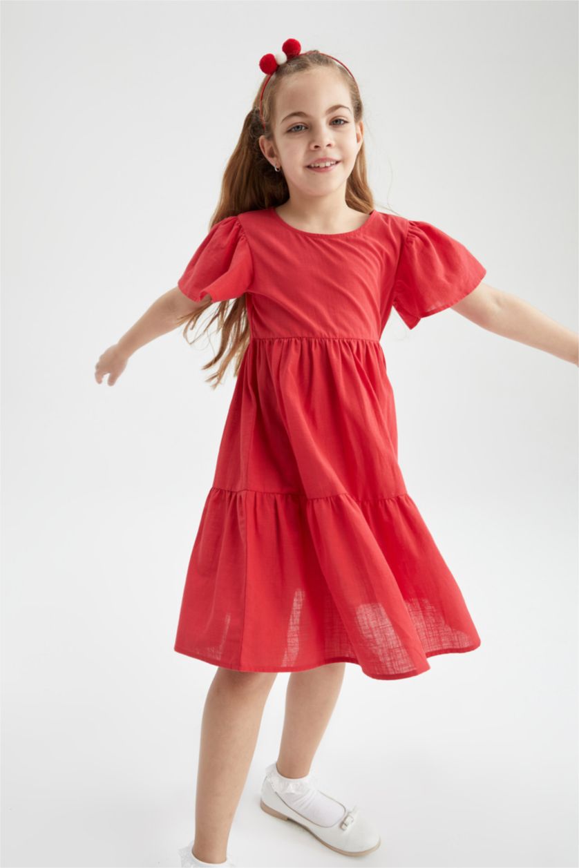 بنات أحمر فستان بناتي ذو قصة عادية بياقة مستديرة وأكمام قصيرة من الكتان