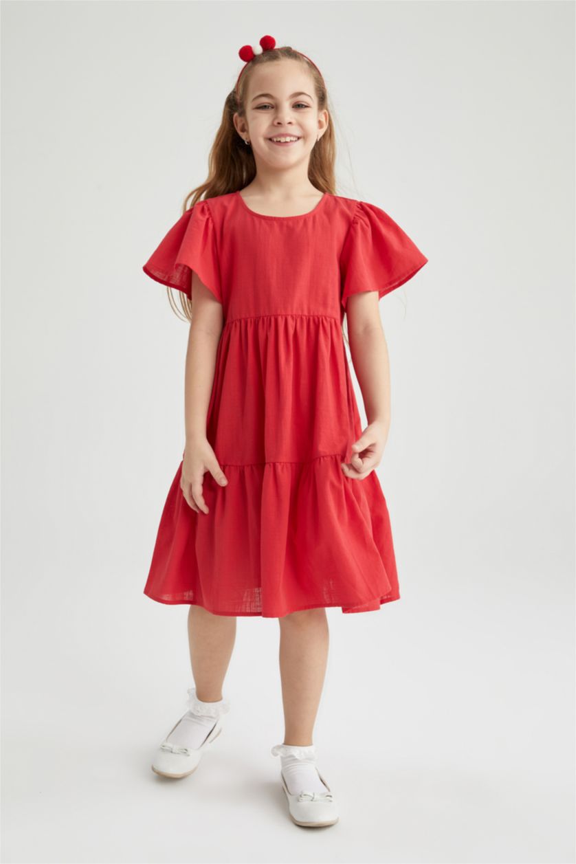 بنات أحمر فستان بناتي ذو قصة عادية بياقة مستديرة وأكمام قصيرة من الكتان