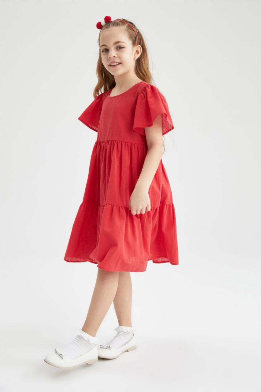 بنات أحمر فستان بناتي ذو قصة عادية بياقة مستديرة وأكمام قصيرة من الكتان