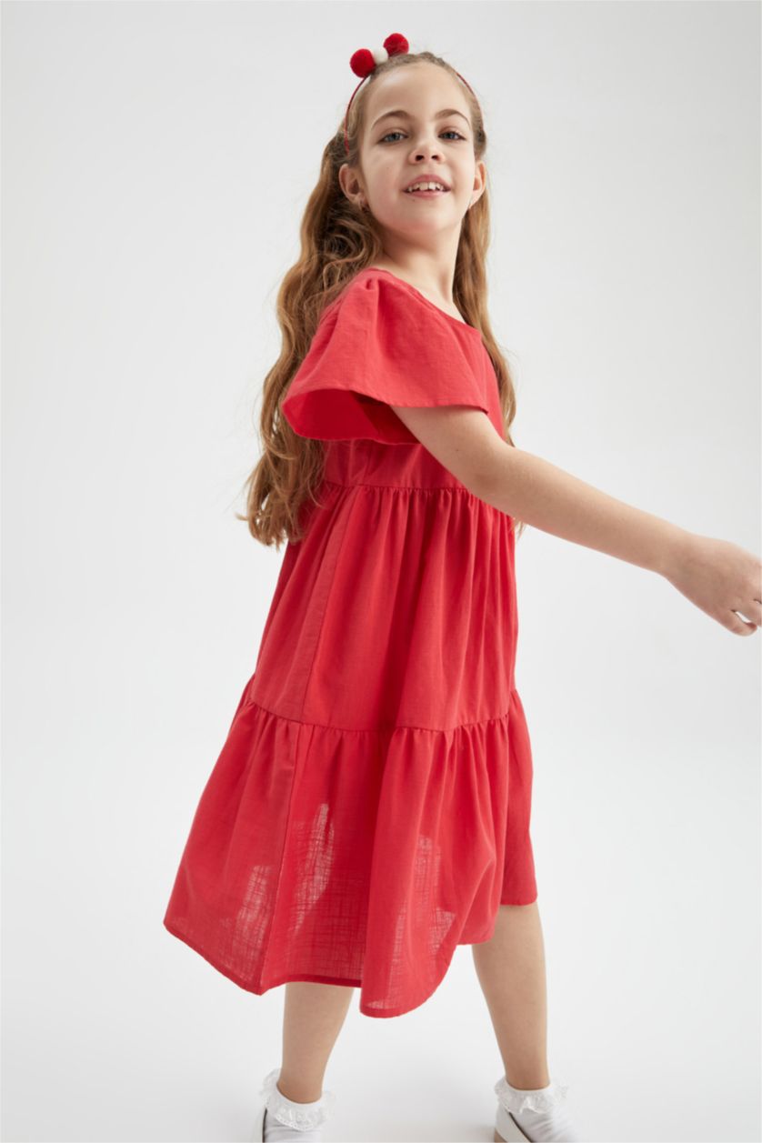 بنات أحمر فستان بناتي ذو قصة عادية بياقة مستديرة وأكمام قصيرة من الكتان