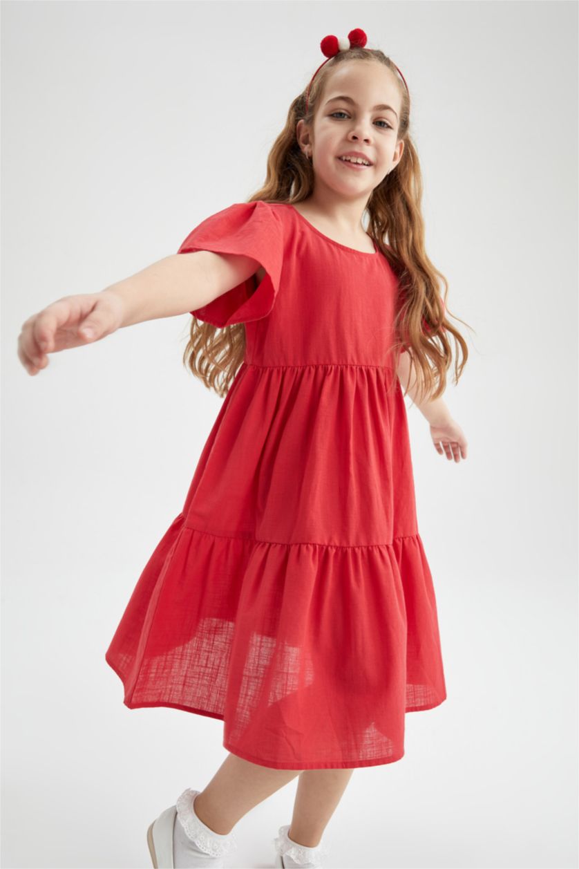 بنات أحمر فستان بناتي ذو قصة عادية بياقة مستديرة وأكمام قصيرة من الكتان