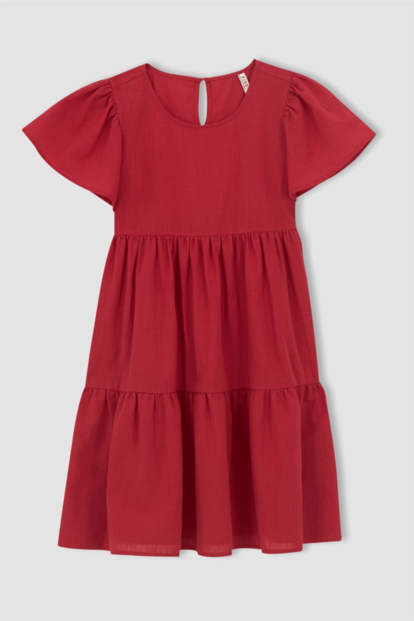 بنات أحمر فستان بناتي ذو قصة عادية بياقة مستديرة وأكمام قصيرة من الكتان