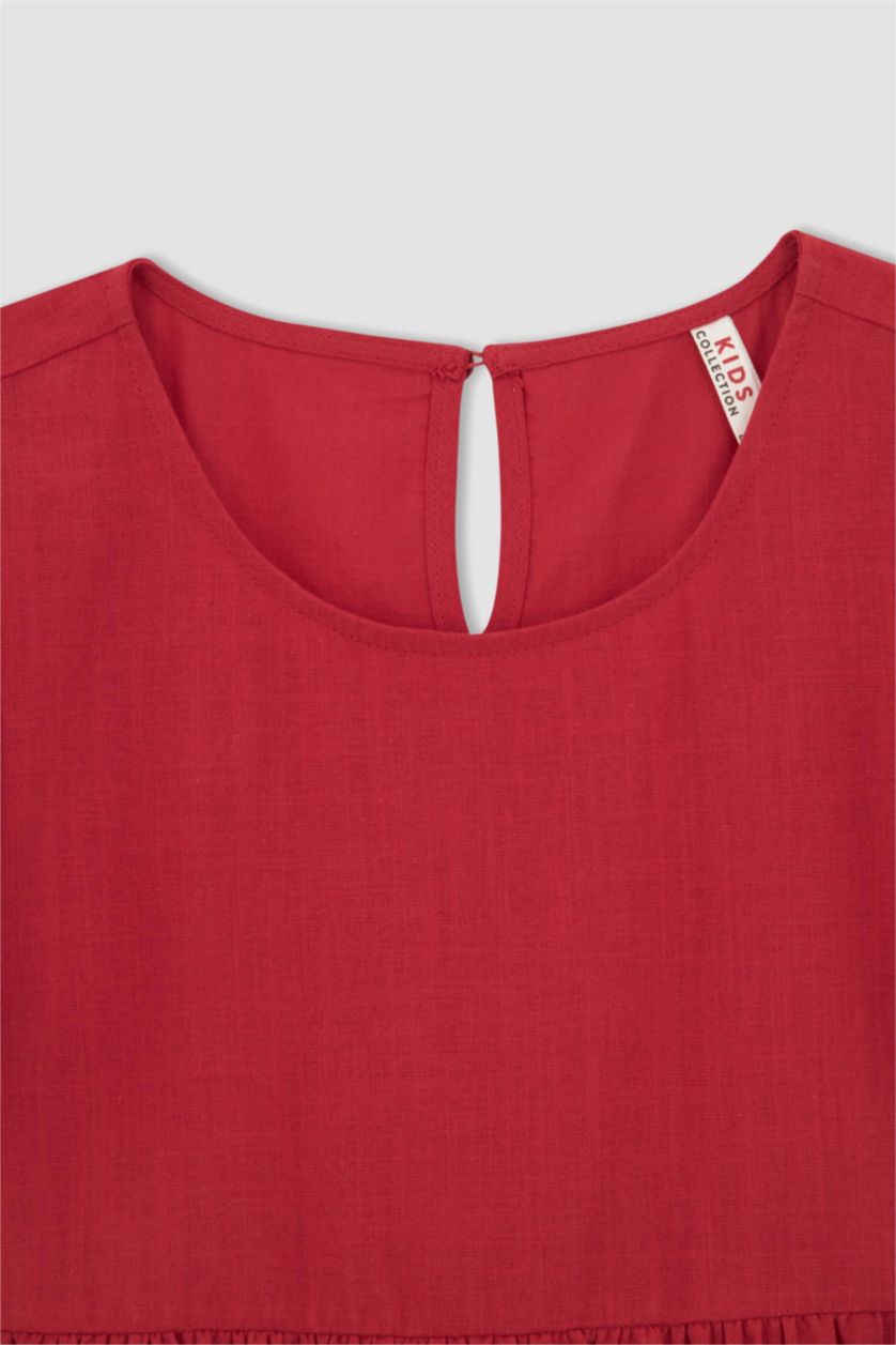 بنات أحمر فستان بناتي ذو قصة عادية بياقة مستديرة وأكمام قصيرة من الكتان