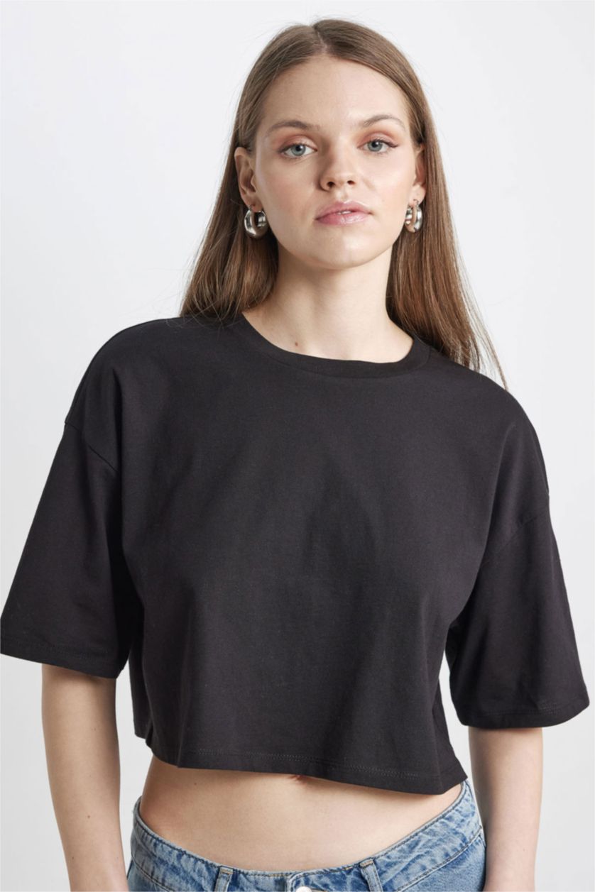 Kadın Siyah Coool Loose Fit Bisiklet Yaka Basic Düz Kısa Kollu Tişört