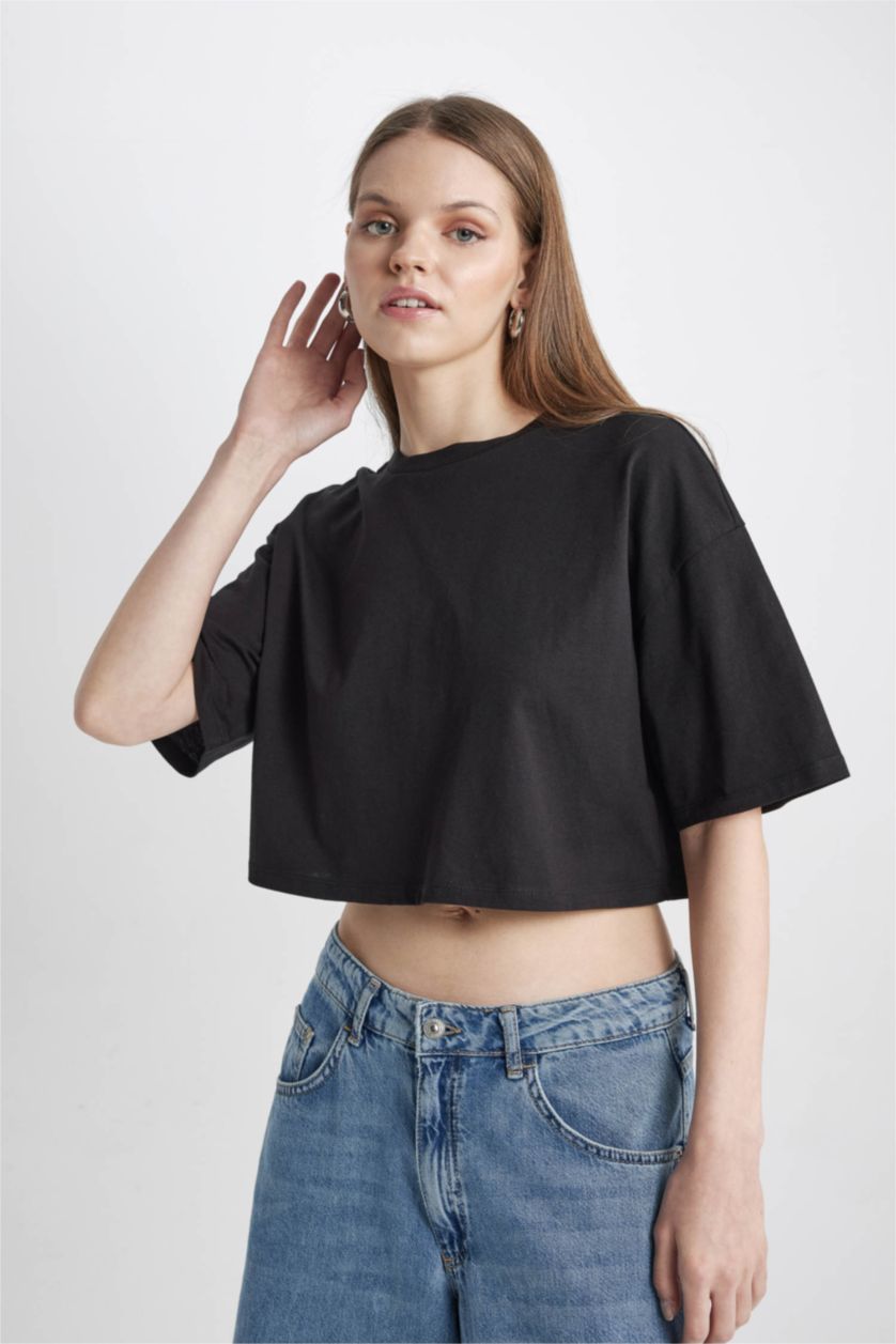 Kadın Siyah Coool Loose Fit Bisiklet Yaka Basic Düz Kısa Kollu Tişört