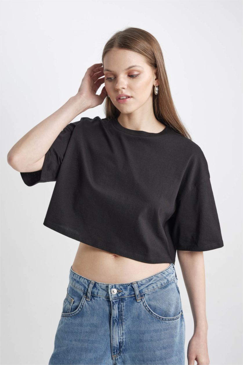 Kadın Siyah Coool Loose Fit Bisiklet Yaka Basic Düz Kısa Kollu Tişört