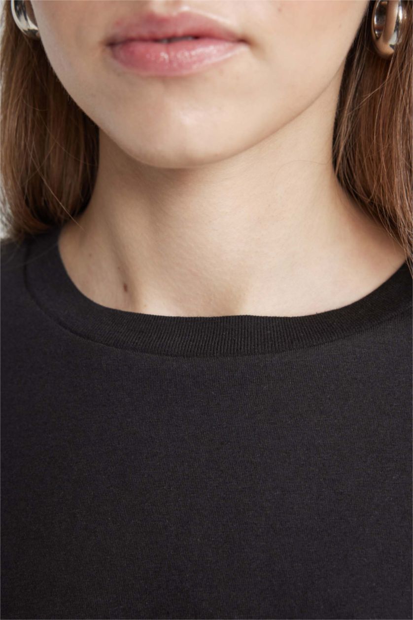 Kadın Siyah Coool Loose Fit Bisiklet Yaka Basic Düz Kısa Kollu Tişört