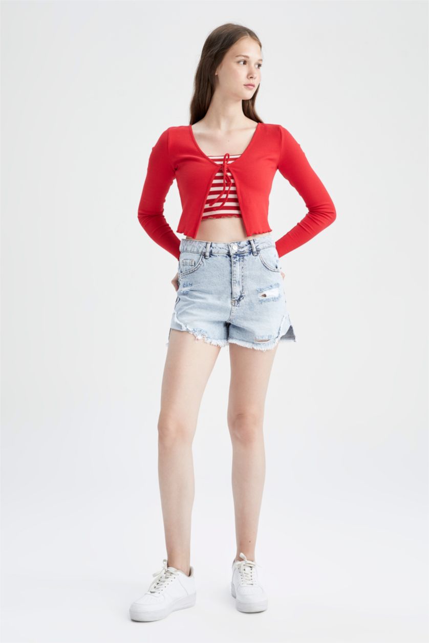 FEMME Rouge Cardigan caraco en velours côtelé à col rond et coupe cool