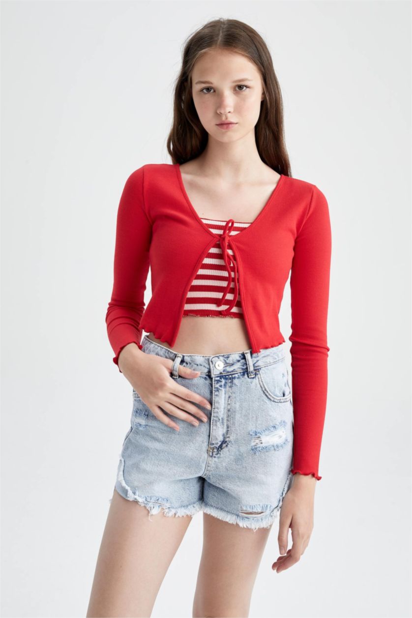 FEMME Rouge Cardigan caraco en velours côtelé à col rond et coupe cool