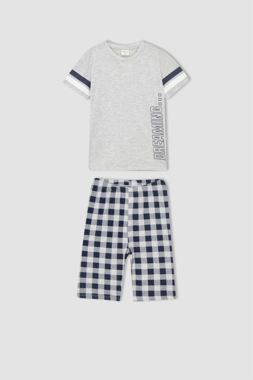 BOYS & TEENS Light Grey Melange Boy Regular Fit Check Print Pyjama Set
