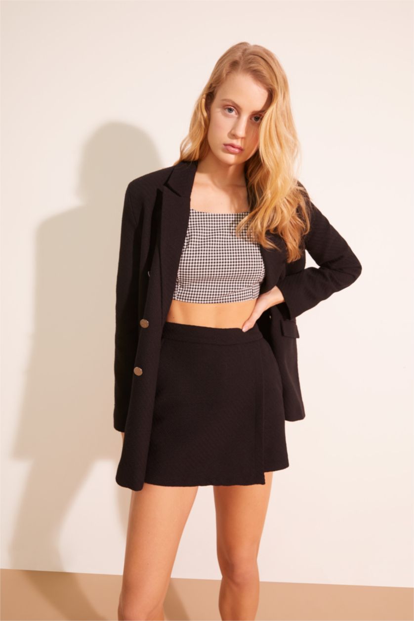 Kadın Siyah Tweed Dokulu Mini Şort Etek