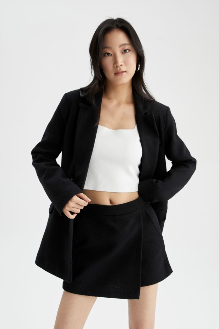 Kadın Siyah Tweed Dokulu Mini Şort Etek