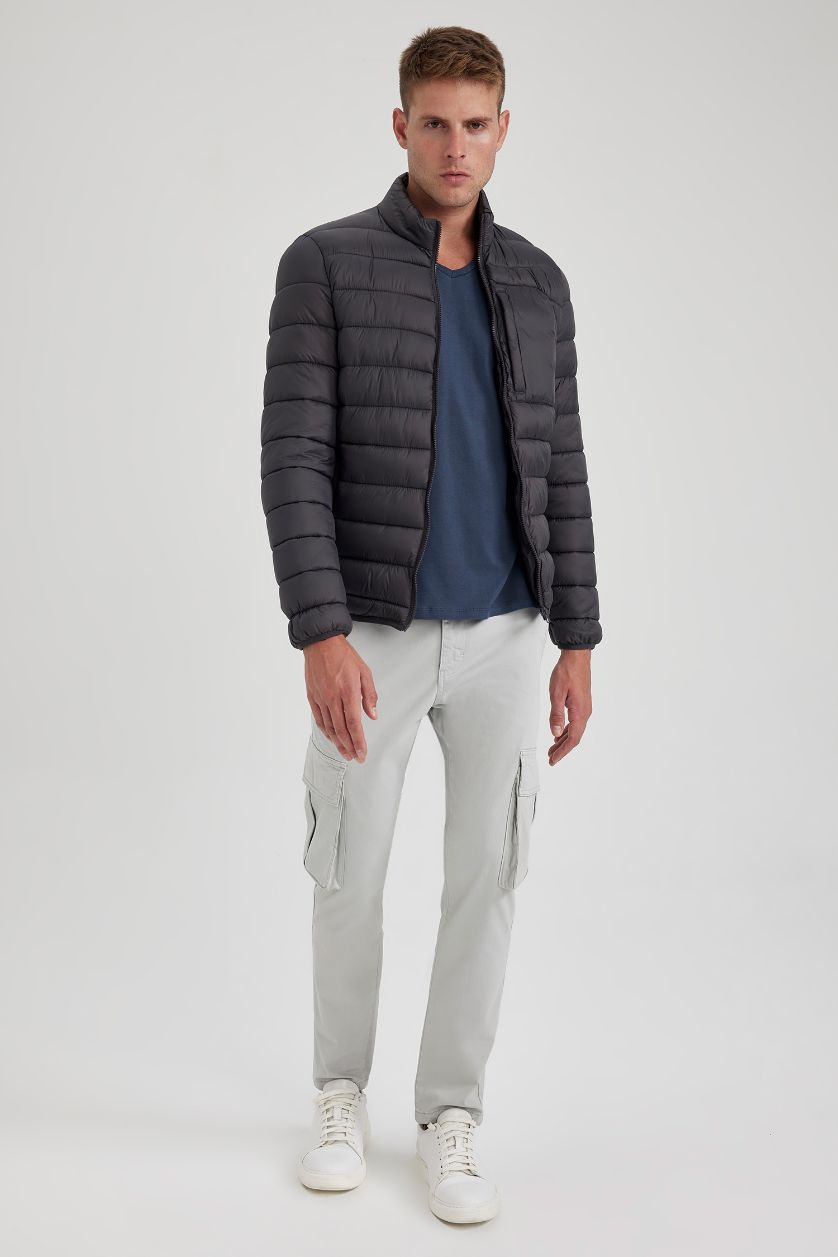 Erkek Antrasit Rüzgar Geçirmez Su İtici Slim Fit Fermuar Kapamalı Cepli Mevsimlik Hafif Şişme Mont