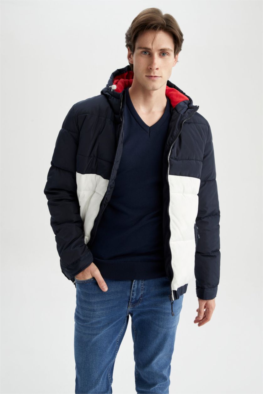 Erkek Lacivert Rüzgar Geçirmez Su İtici Slim Fit Kapüşonlu Suni Kürklü Mont