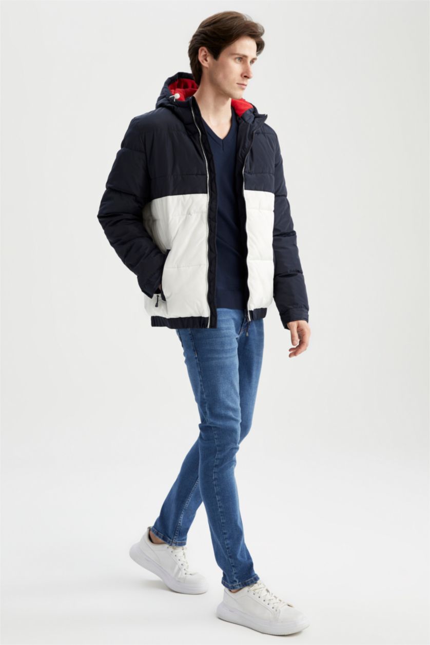 Erkek Lacivert Rüzgar Geçirmez Su İtici Slim Fit Kapüşonlu Suni Kürklü Mont