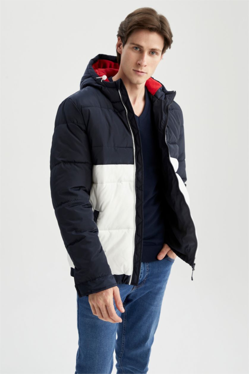 Erkek Lacivert Rüzgar Geçirmez Su İtici Slim Fit Kapüşonlu Suni Kürklü Mont