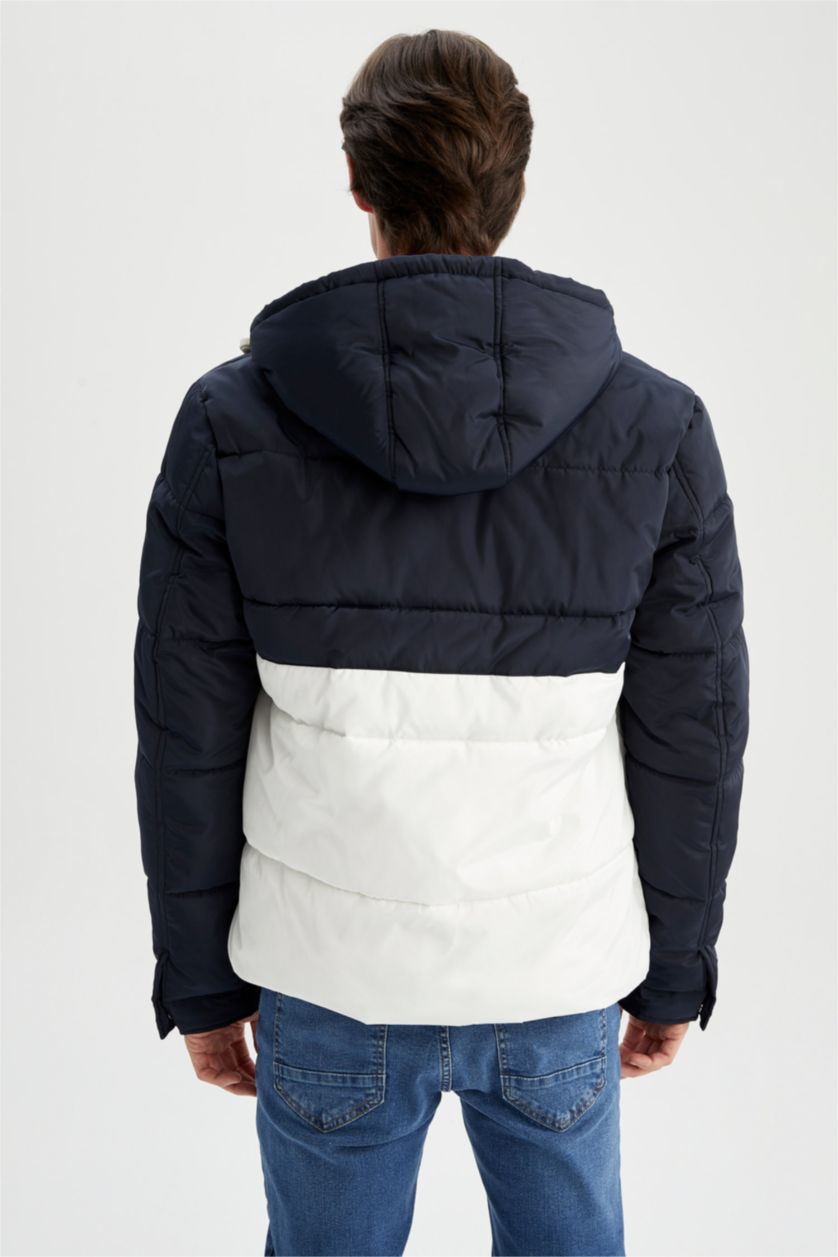 Erkek Lacivert Rüzgar Geçirmez Su İtici Slim Fit Kapüşonlu Suni Kürklü Mont